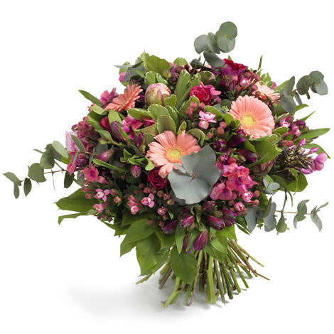 Example Bloom subscription delivery - full hand-tied bouquet of pink seasonal flowers and eucalyptus from Winchester