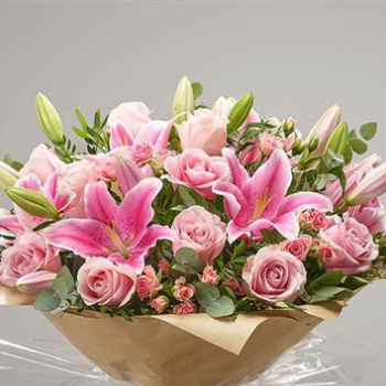 Imber Pink Rose & Lily Bouquet, a pink bouquet hand-tied by our florists in Winchester