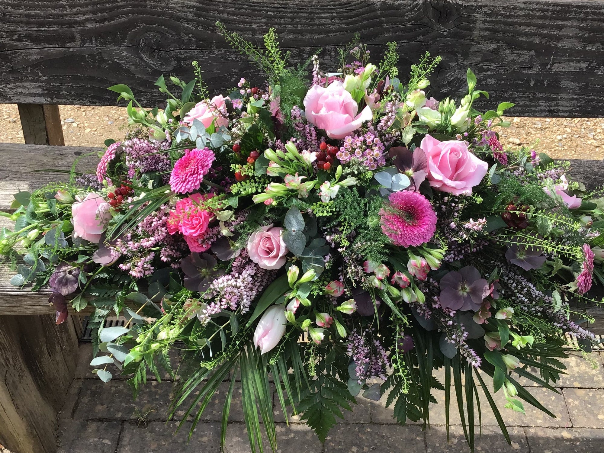 Ethelred Blush Pink & Cream Casket Spray, a funeral casket spray hand-tied by our florists in Winchester