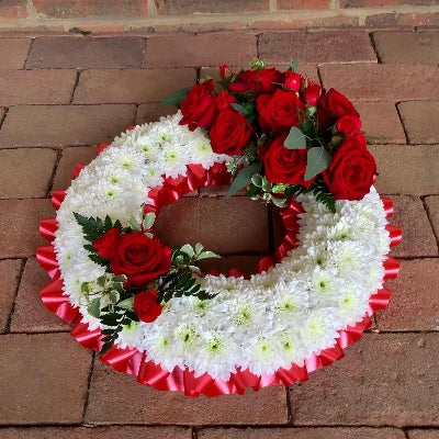 Red & White Massed Wreath funeral tribute by The Petal Boutique Winchester