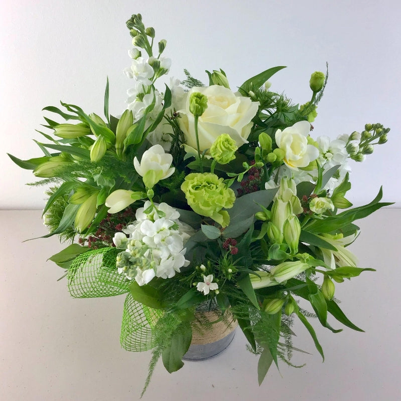 Green & White Handtied hand-made by The Petal Boutique florists, available for Winchester delivery or Weyhill collection