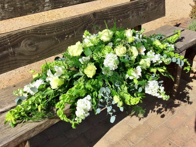 Green & White Casket Spray hand-made by The Petal Boutique florists, available for Winchester delivery or Weyhill collection