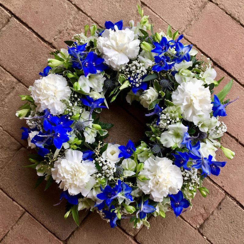 Blue & White Funeral Wreath hand-made by The Petal Boutique florists, available for Winchester delivery or Weyhill collection