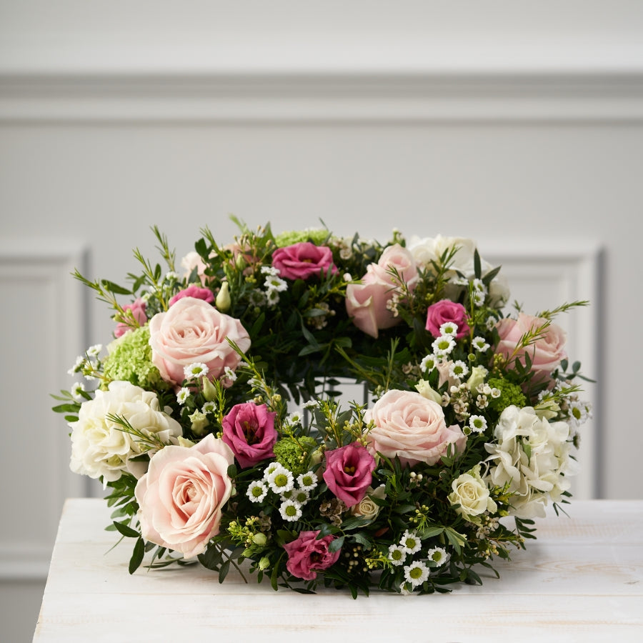 Pink Rose Funeral Wreath hand-made by The Petal Boutique florists, available for Winchester delivery or Weyhill collection