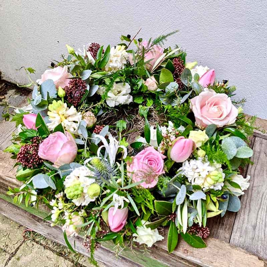 Natural Style Pink Wreath hand-made by The Petal Boutique florists, available for Winchester delivery or Weyhill collection