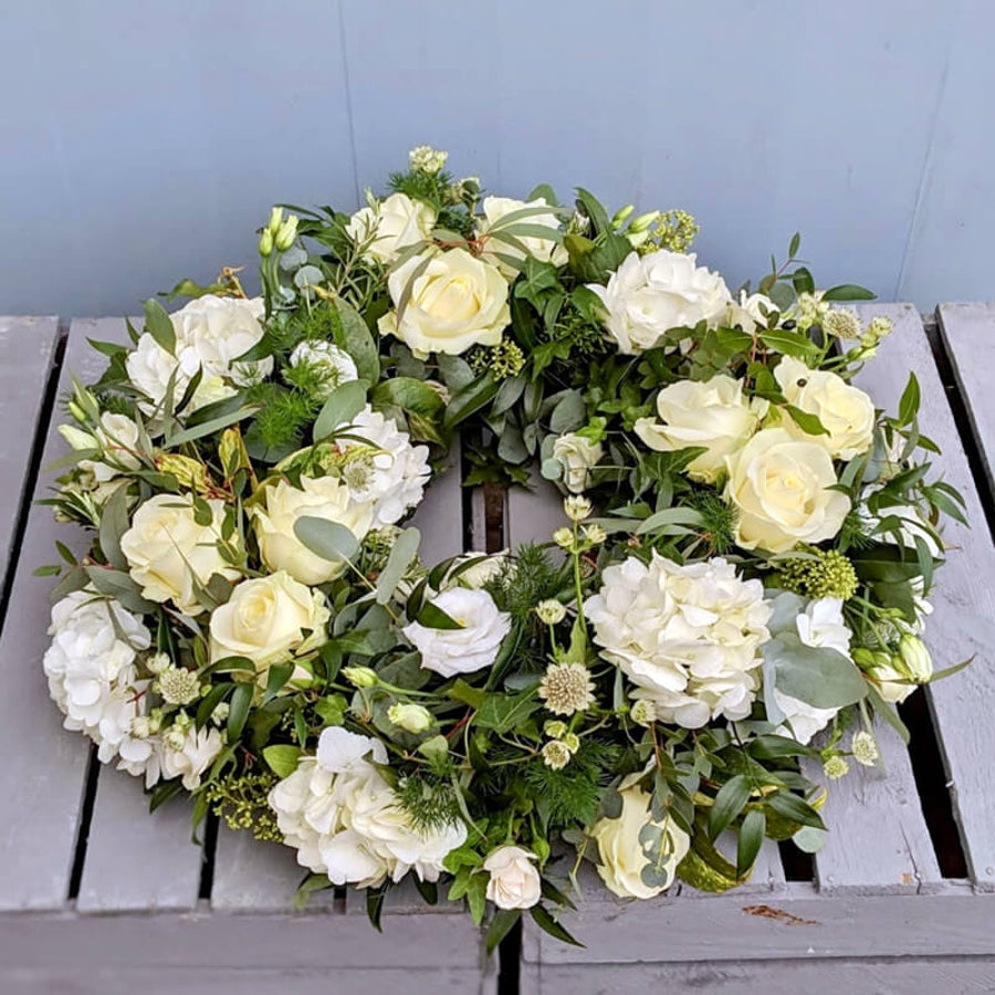 White Funeral Wreath hand-made by The Petal Boutique florists, available for Winchester delivery or Weyhill collection