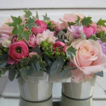 Bramston Zinc Bucket of Pink Flowers, a pink vase arrangement hand-tied by our florists in Winchester