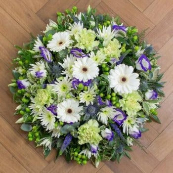 White Lime  and Blue Funeral Posie - Joannes Florist Winchester Local Funeral Delivery SO22, SO23, SO24