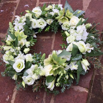 Luxury White and Lime Spring Funeral Wreath - Joannes Florist Winchester local delivery Funeral Flowers.
