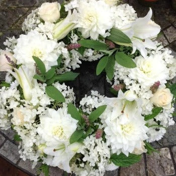 White Summer Flower Wreath - Joannes Florist Winchester Funeral Flower Delivery 