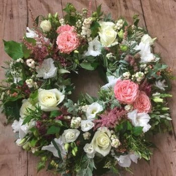 Pink and White Rose Funeral Wreath - Joannes Florist Winchester Delivery to Southampton Crematorium